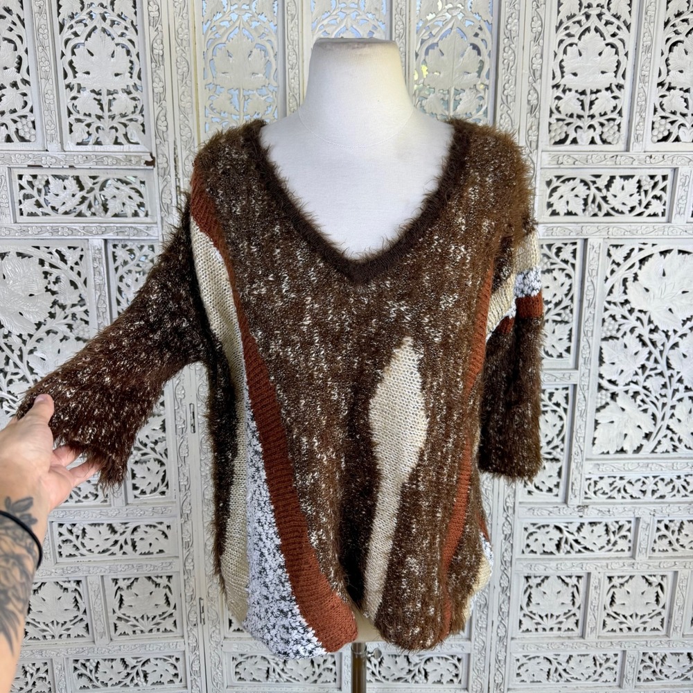 Vip Mohair Blend Fuzzy Soft Cozy Patchwork Artsy Sweater Womens Small V Neck